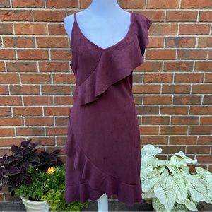 Asymmetrical Faux Suede Plum/Red Violet Dress Ruffle Hem Strap Sleeve Women’s M